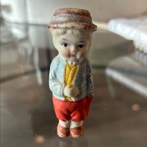 Vintage Bisque Penny Doll-Frozen Charlotte Ceramic Boy Figurine in Red and Blue